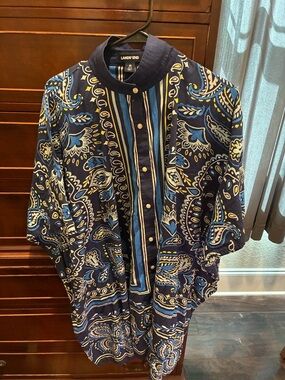 Lands' End Navy and Blue Paisley Button-Up Shirt